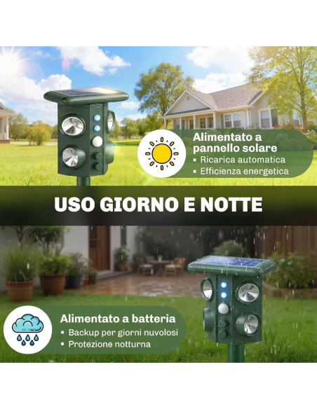 Dissuasore Repellente Ultrasuoni Solare Animali Sensore PIR Flash LED