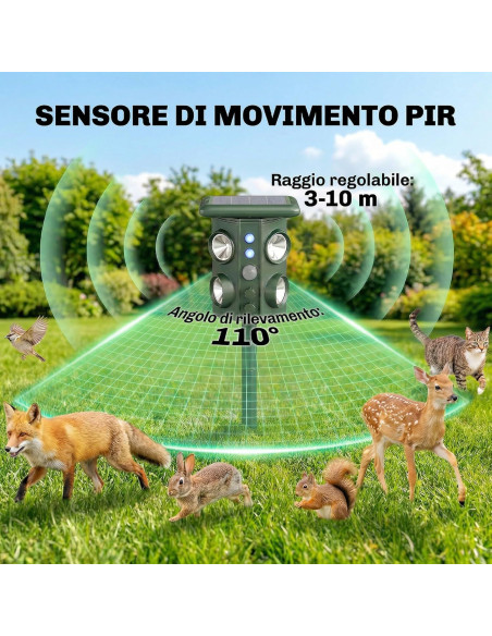 Dissuasore Repellente Ultrasuoni Solare Animali Sensore PIR Flash LED
