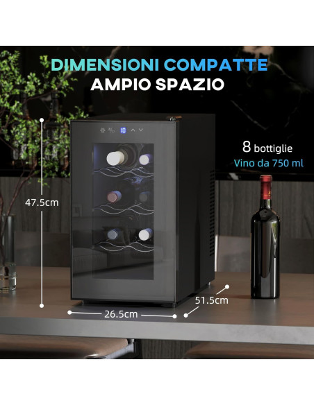 Cantinetta Vino Refrigerata 21L 8 Bottiglie Frigo Vino Silenzioso 8-18°C