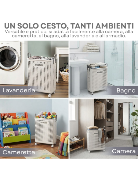 Cesto Portabiancheria Pieghevole 60L con Ruote Contenitore Salvaspazio ABS