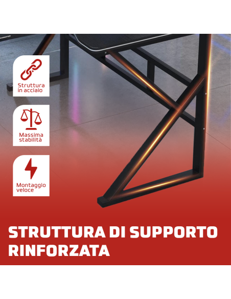 Scrivania Gaming Ergonomica 100x60x73H cm Tavolo PC Effetto Carbonio Passacavi
