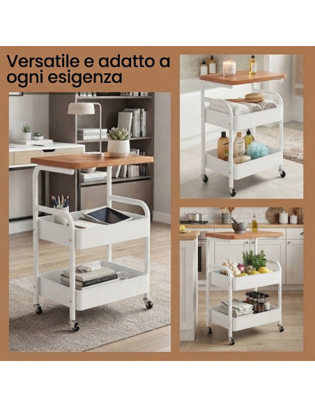 Carrello a 3 Piani con Pannello Portaoggetti Multiuso Casa Ufficio