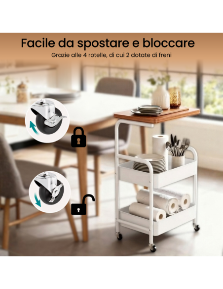 Carrello a 3 Piani con Pannello Portaoggetti Multiuso Casa Ufficio