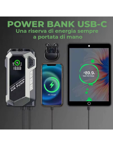 Avviatore Emergenza Auto 6000A Compressore 150 PSI Power Bank Torcia LED