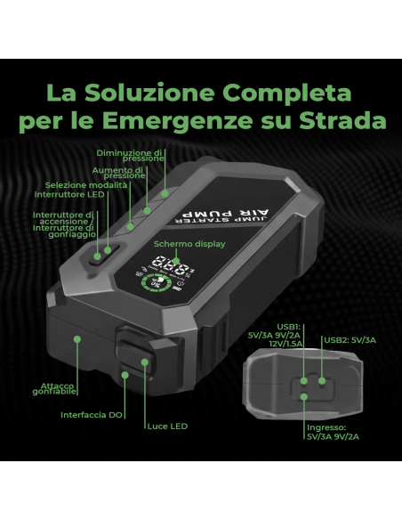 Avviatore Emergenza Auto 6000A Compressore 150 PSI Power Bank Torcia LED