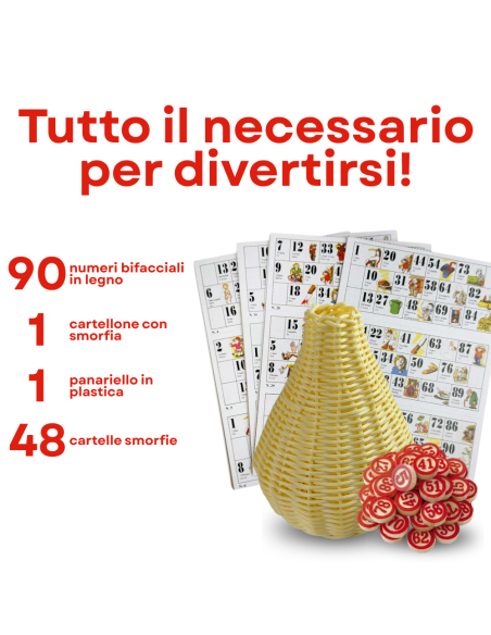 Tombola Napoletana 48 Cartelle con Pallottoliere e Numeri in Legno SMORFIA
