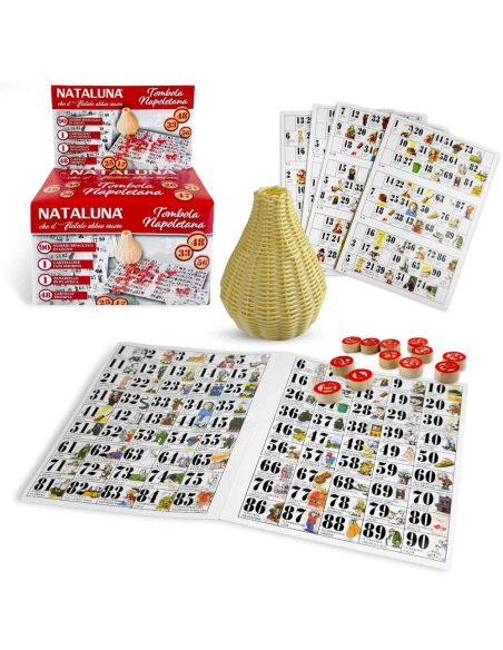 Tombola Napoletana 48 Cartelle con Pallottoliere e Numeri in Legno SMORFIA