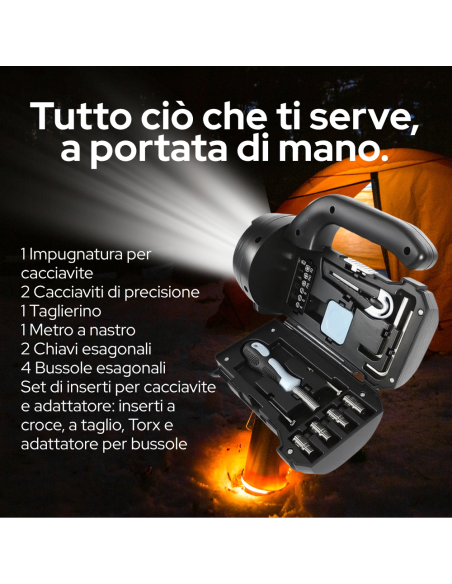 Torcia LED Emergenza con Kit Attrezzi Integrato Valigetta Utensili 20x22 cm