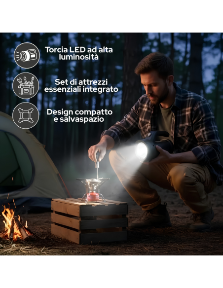 Torcia LED Emergenza con Kit Attrezzi Integrato Valigetta Utensili 20x22 cm