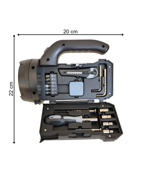Torcia LED Emergenza con Kit Attrezzi Integrato Valigetta Utensili 20x22 cm