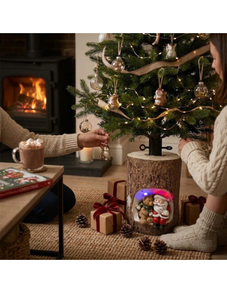 Base Albero Natale Tronco 32 cm con Babbo Natale e Orso LED Illuminata