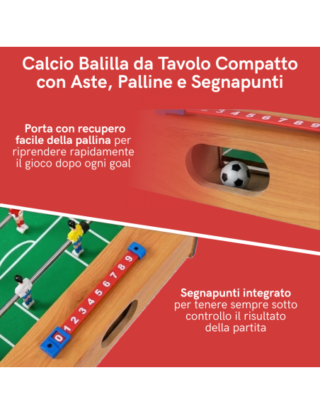 Calcio Balilla da Tavolo Compatto 70x37 cm Biliardino Salvaspazio con Aste