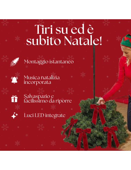 Albero di Natale Pieghevole slim Pop-Up 180H cm Luci e Musica Diametro 40 cm