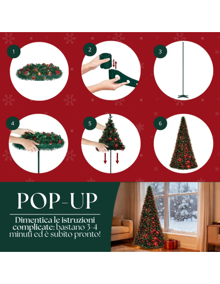 Albero di Natale Pieghevole slim Pop-Up 180H cm Luci e Musica Diametro 40 cm