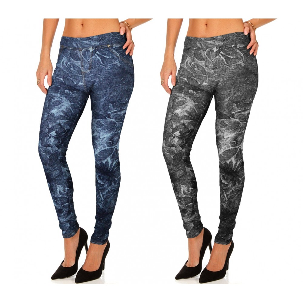 HO-1610 Set 2 leggings stile denim mod. Alisya con trama floreale e tasche