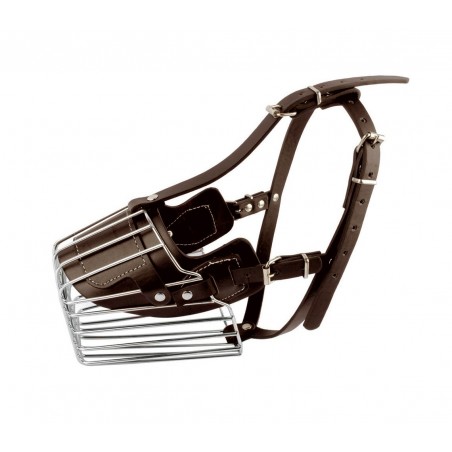 Museruola a cestello in acciaio e cuoio adatta per cani di taglia media 14cm