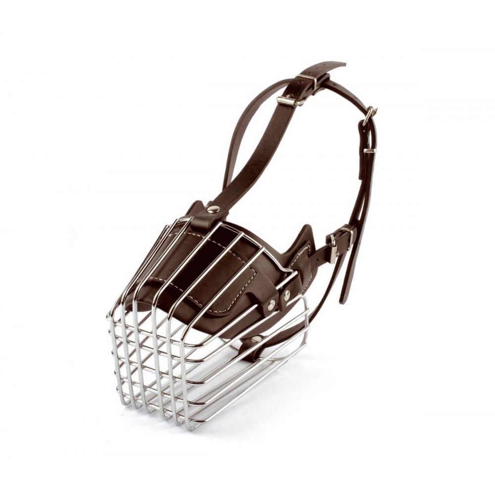 Museruola a cestello in acciaio e cuoio adatta per cani di taglia media 14cm