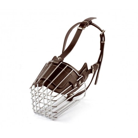 Museruola a cestello in acciaio e cuoio adatta per cani di taglia media 14cm