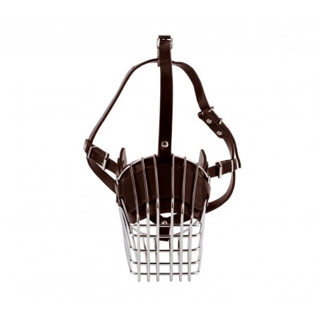 Museruola a cestello in acciaio e cuoio adatta per cani di taglia media 14cm