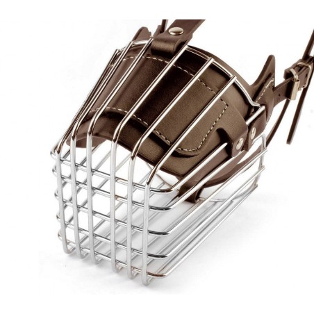 Museruola a cestello in acciaio e cuoio adatta per cani di taglia media 14cm