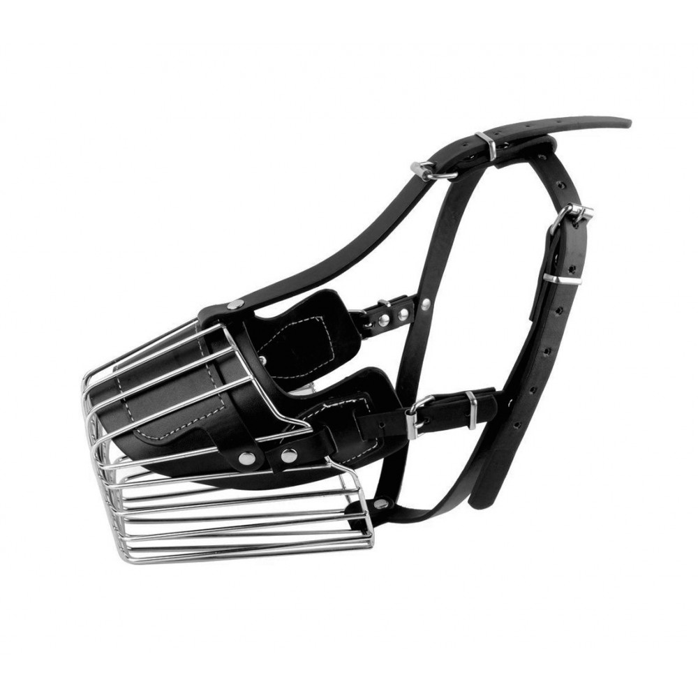 Museruola a cestello in acciaio e cuoio adatta per cani di taglia media 14cm