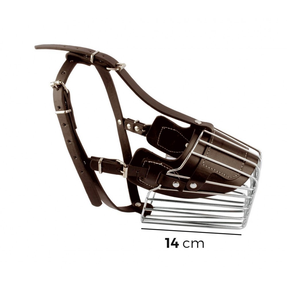 Museruola a cestello in acciaio e cuoio adatta per cani di taglia media 14cm