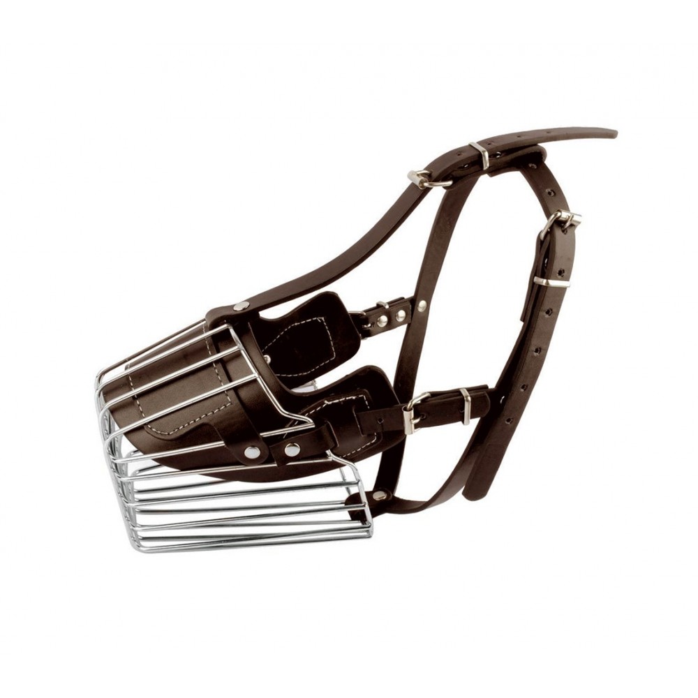 Museruola a cestello in acciaio e cuoio adatta per cani di taglia media 13cm