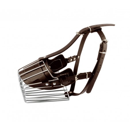 Museruola a cestello in acciaio e cuoio adatta per cani di taglia media 13cm