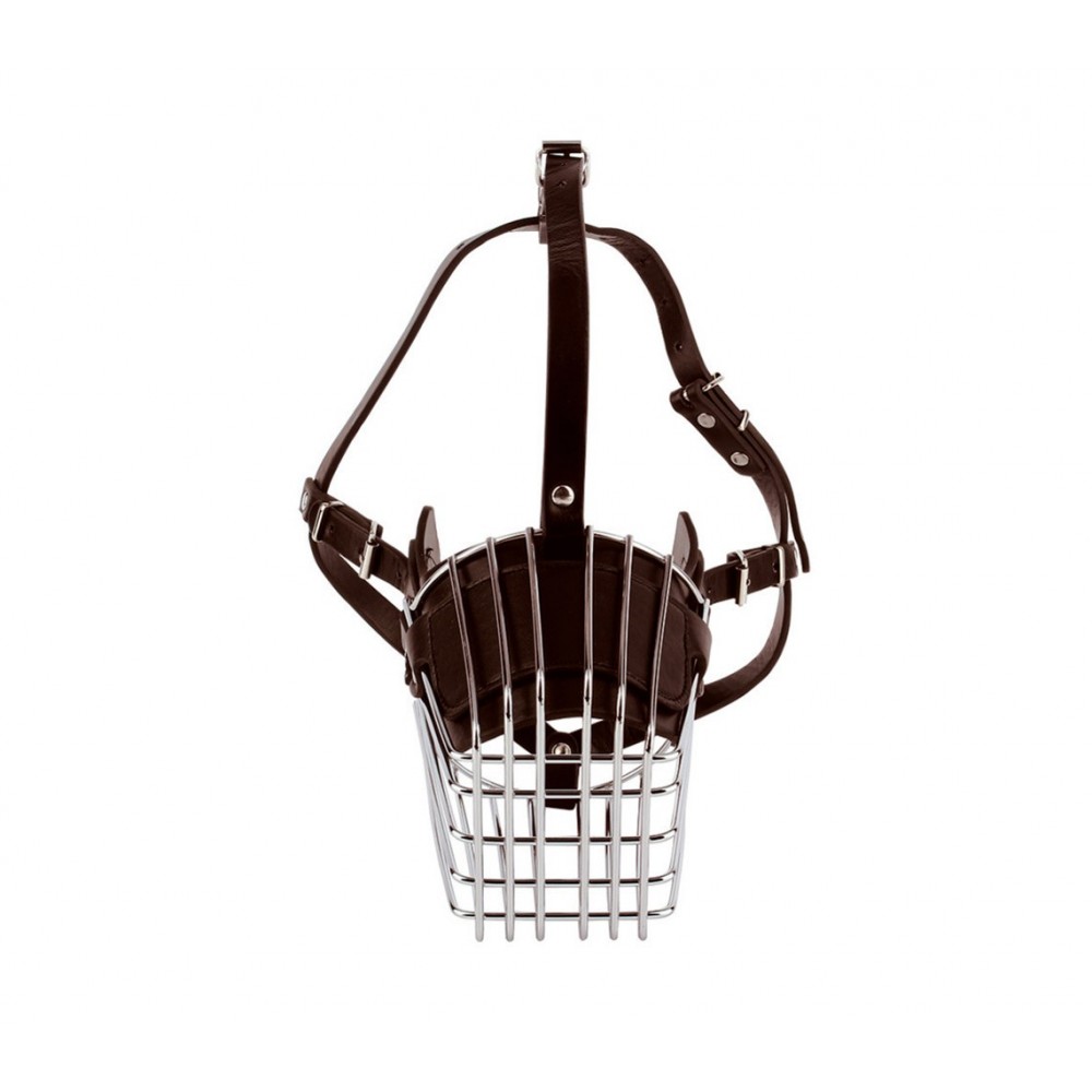 Museruola a cestello in acciaio e cuoio adatta per cani di taglia media 13cm