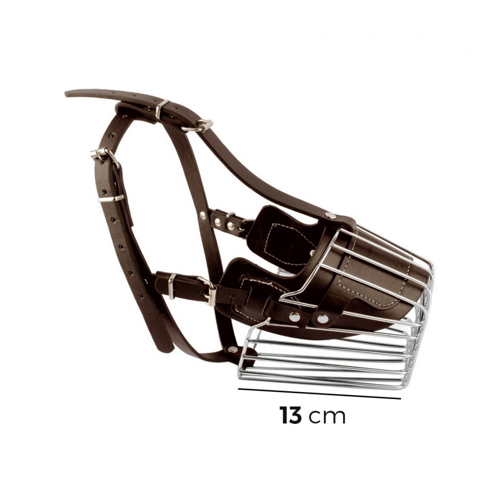 Museruola a cestello in acciaio e cuoio adatta per cani di taglia media 13cm