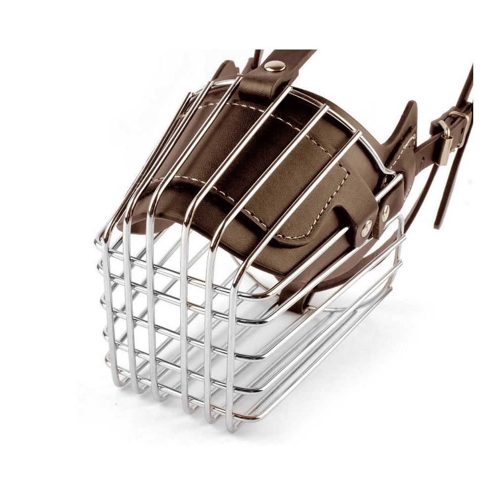 5808Museruola a cestello in acciaio e cuoio per cani di piccola taglia 9cm