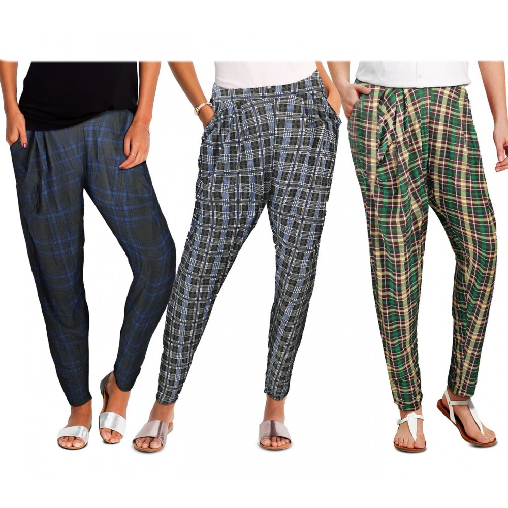 TG08-13 Pack da 3 pantaloni da donna mod. STYLE tessuto morbido fantasia scacchi