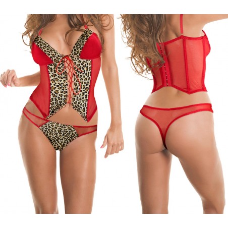 Completino lingerie sexy art.V808 mod. COUGAR corsetto e perizoma leopardato