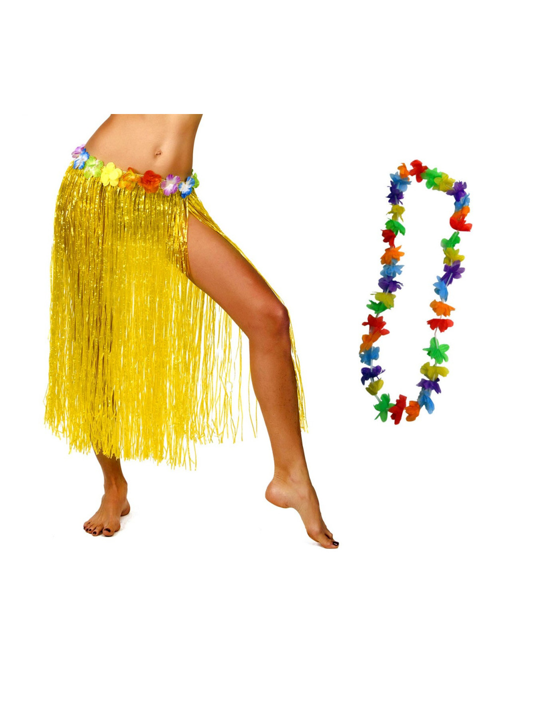 Set 5 Gonne Hawaiane Per Adulti Con Bracciali E Scaldamuscoli - Colore Paglierino, Accessori Per Feste Luau