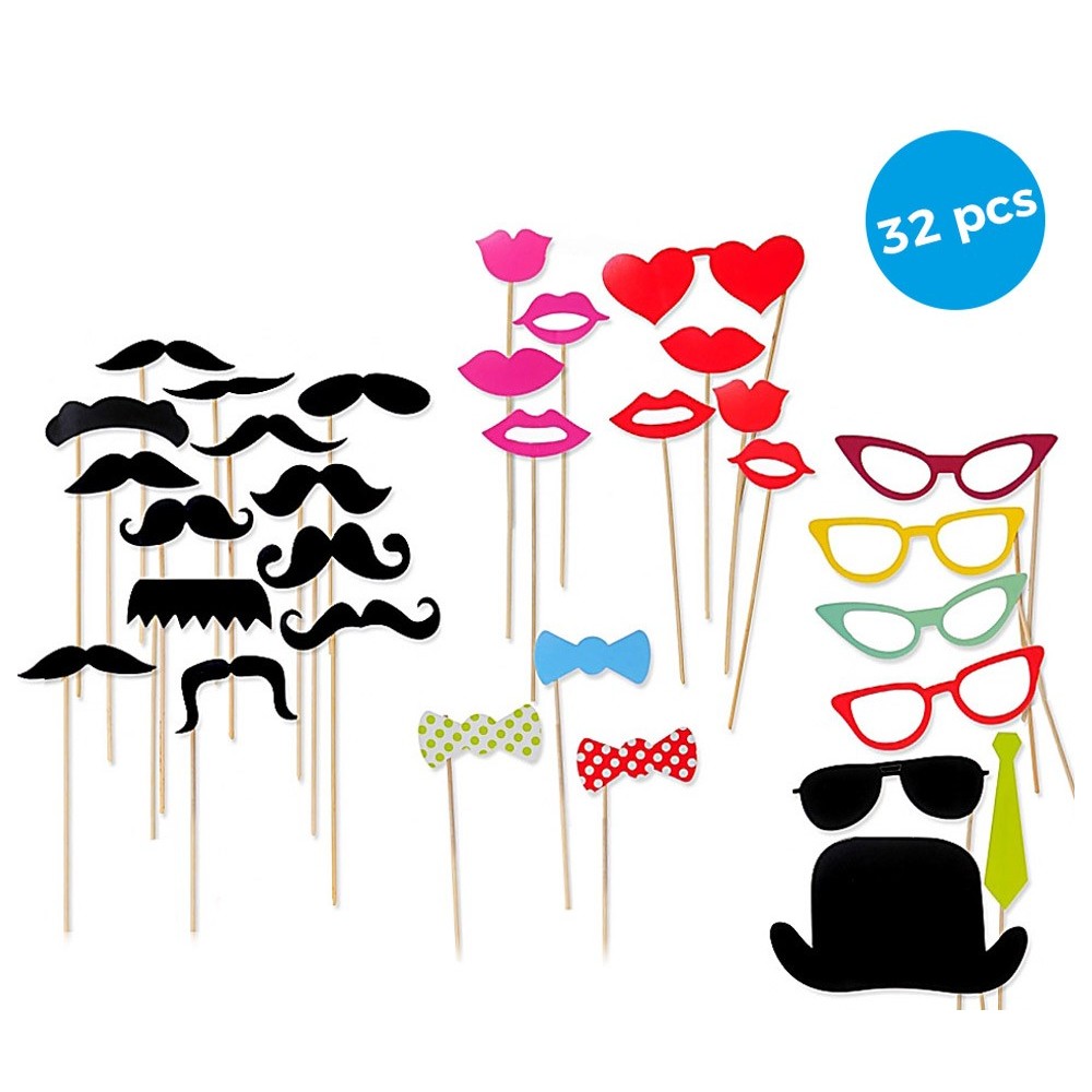 32 Pz Accessori per photo booth 106058 PHOTO PROPS labbra baffi ideale per feste