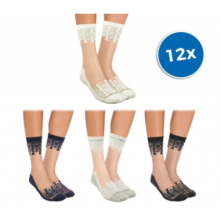 Pack da 12 paia calzini da donna W-8008 mod. LADIES fantasia in pizzo colori ass
