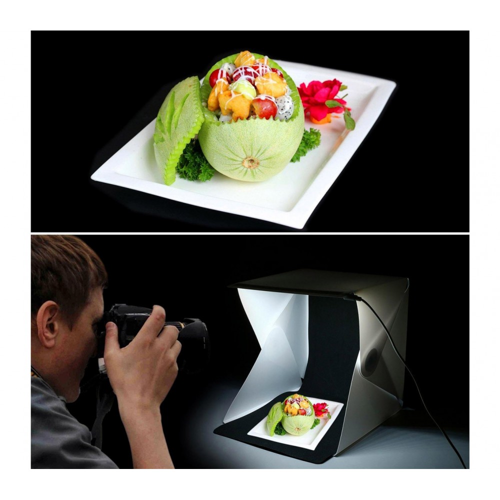 Mini set fotografico 22 x 24 x 24 cm  4498 con luce led sfondi nero e bianco