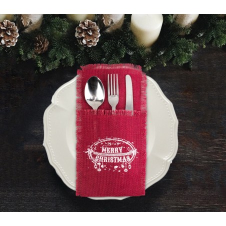 Porta posate natalizi 567193 MERRY CHRISTMAS in juta colore rosso