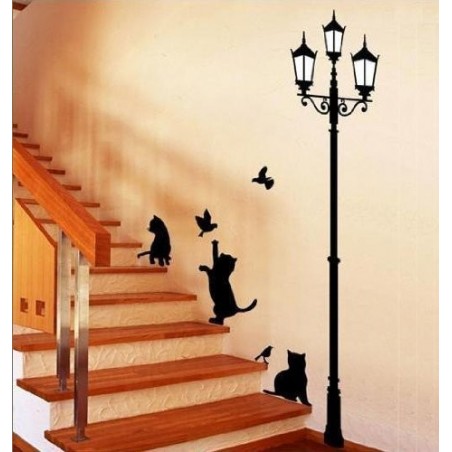 Adesivo decorativo con gatti e lampione sticker murale da parete 70  X 50 cm