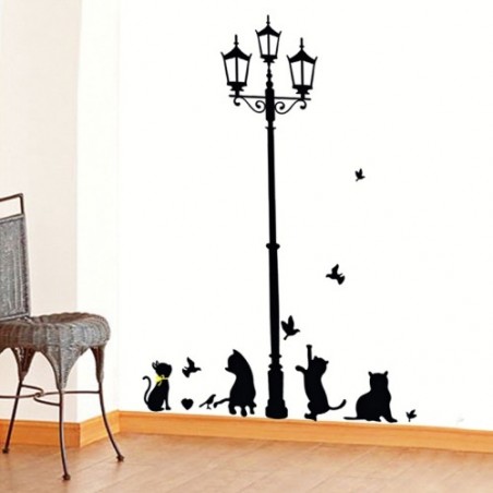 Adesivo decorativo con gatti e lampione sticker murale da parete 70  X 50 cm
