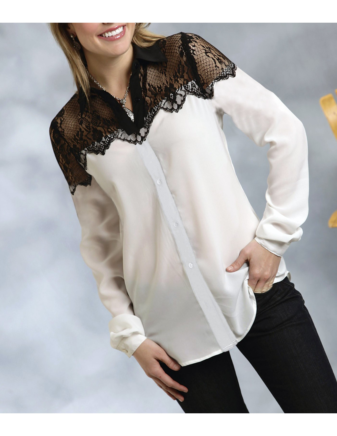 elegante camicia in pizzo blusa donna con ricamo in leggero pizzo sul decolte