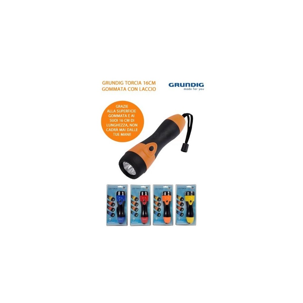 Torcia 3 LED Grundig colorata con impugnatura in gomma lunga 16 cm