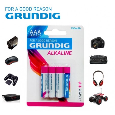 Mini stilo Grundig alcaline formato AAA LR03 1.5V 950 mAh confezione da 4 batterie per tutti i dispositivi elettronici