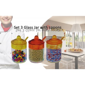 Set 3 contenitori in vetro con coperchio e cucchiaio colorato barattoli porta spezie da cucina 2