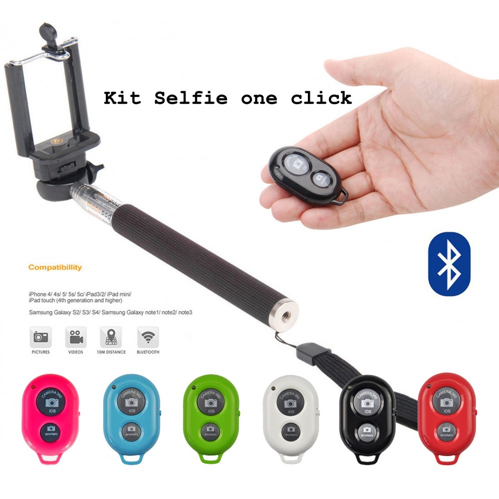 Kit per selfie con asta regolabile e telecomando bluetooth a portachiavi remote shutter per autoscatti foto