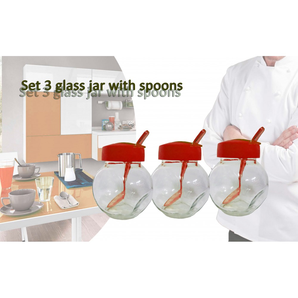 Set 3 contenitori vetro tappo vari colori 6 X 8 X 9 cm 200 ml coperchio e cucchiaio barattoli porta spezie Rosso