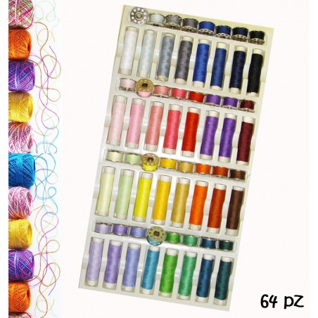 Set colorato 64pz di rocchetti e spole di filo per cucito multiuso in poliestere con custodia