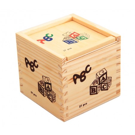 Playset pedagogico 27 pz scatola e cubi in legno animali lettere e numeri 3x3 cm