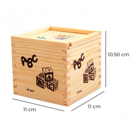 Playset pedagogico 27 pz scatola e cubi in legno animali lettere e numeri 3x3 cm