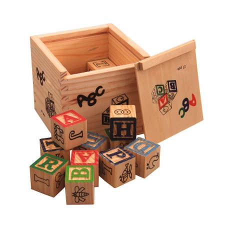 Playset pedagogico 27 pz scatola e cubi in legno animali lettere e numeri 3x3 cm